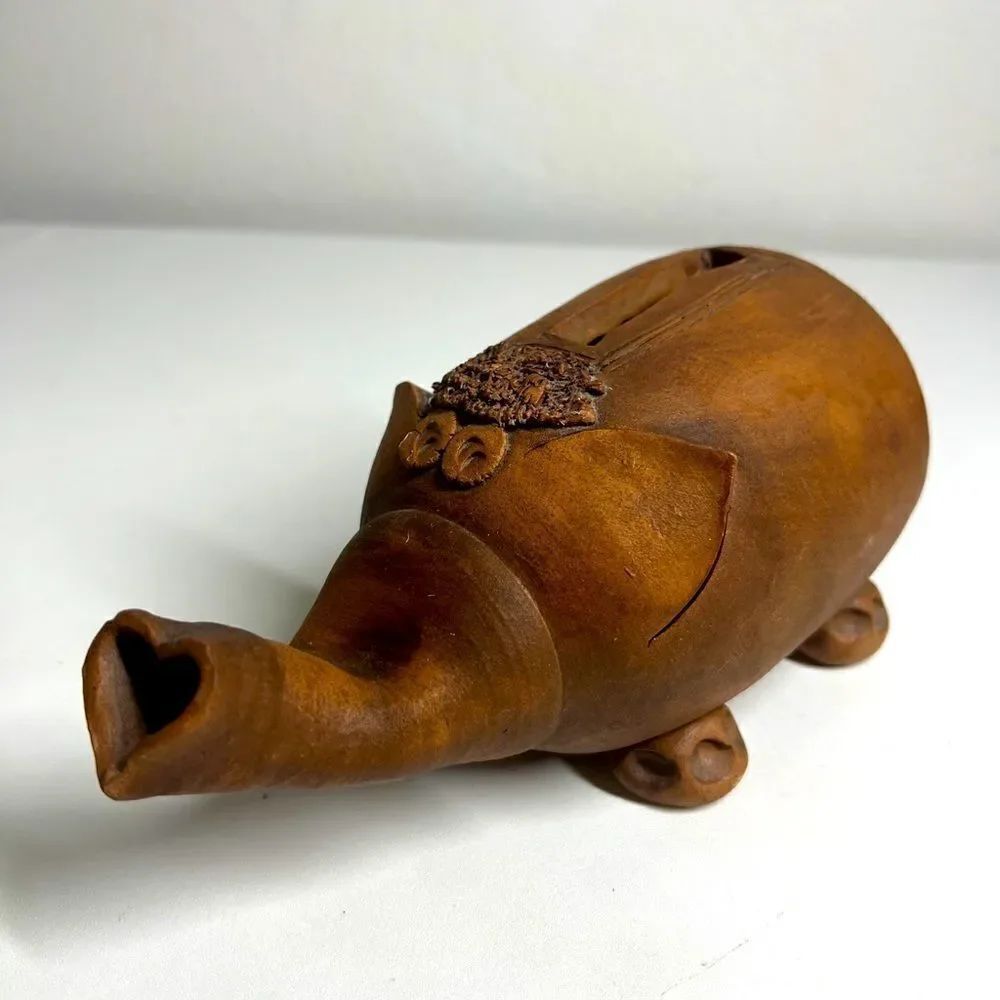 Handmade Pottery Clay Piggy Bank Anthropomorphic Elephant Trump Up Signed Vintag